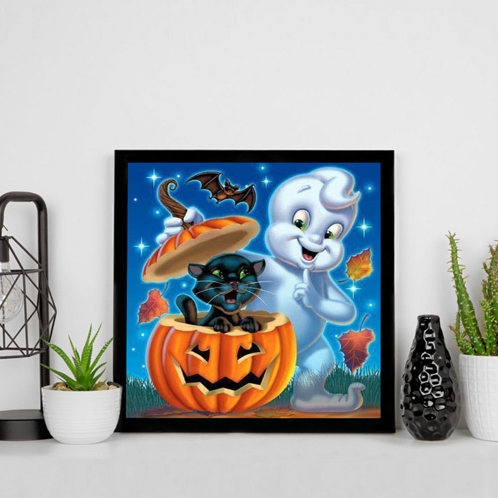 The Black Cat And The Ghost In The Pumpkin - Full Square Drill Diamond Painting 30*30CM