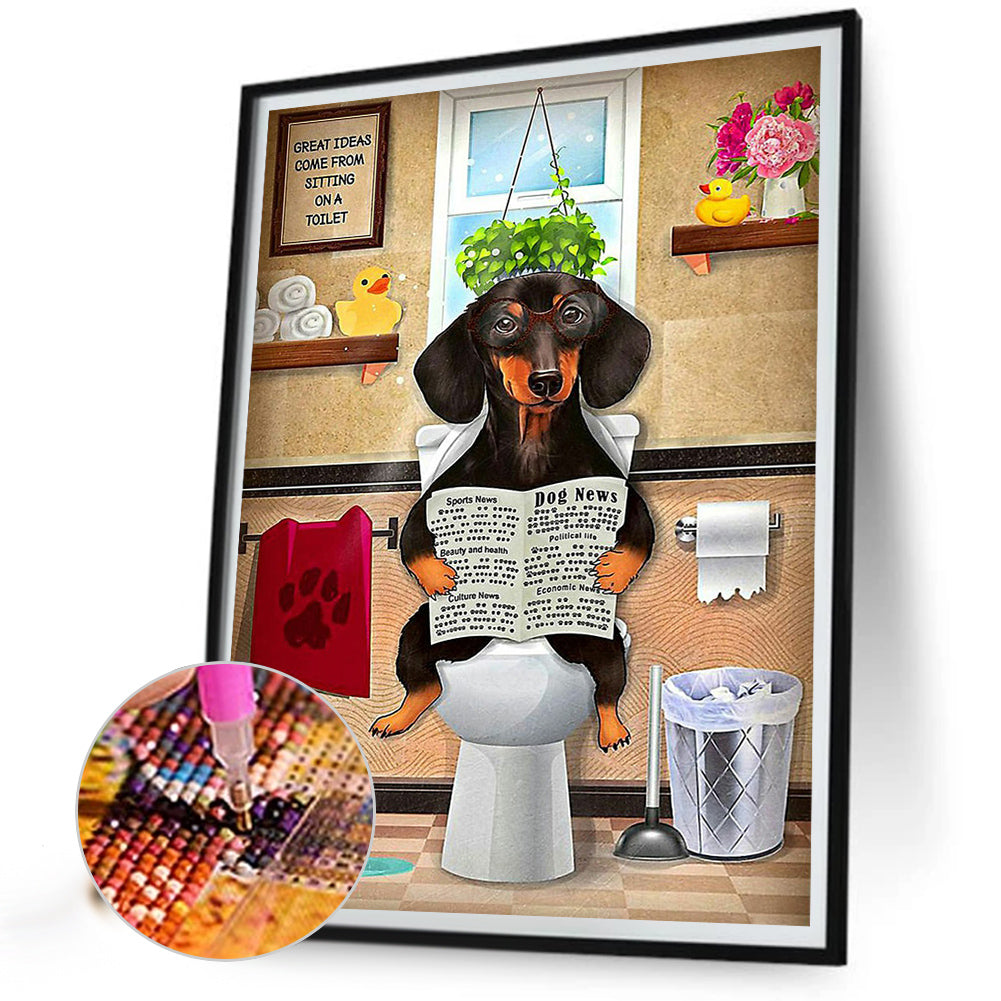 Dachshund Sitting On Toilet - Full Square Drill Diamond Painting 50*60CM