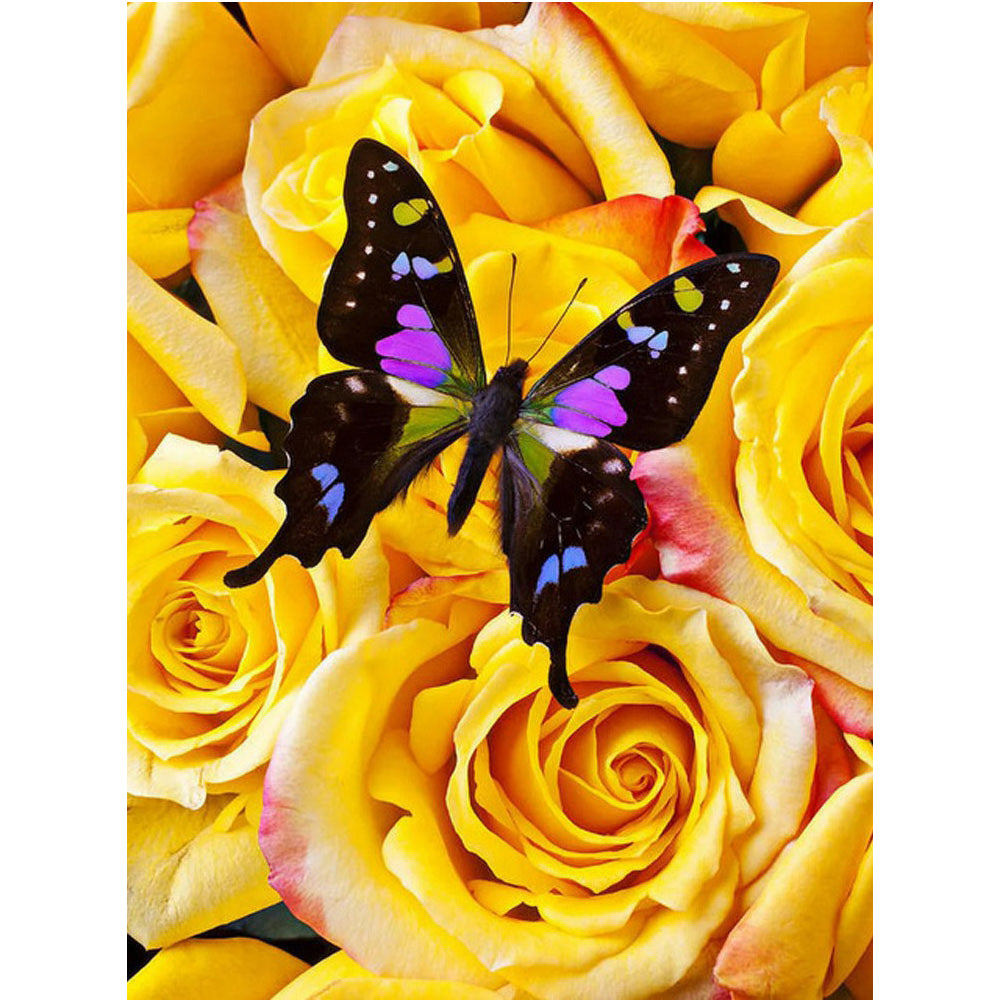 Yellow Rose Butterfly - Full Round Drill Diamond Painting 30*40CM