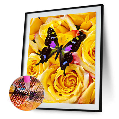 Yellow Rose Butterfly - Full Round Drill Diamond Painting 30*40CM