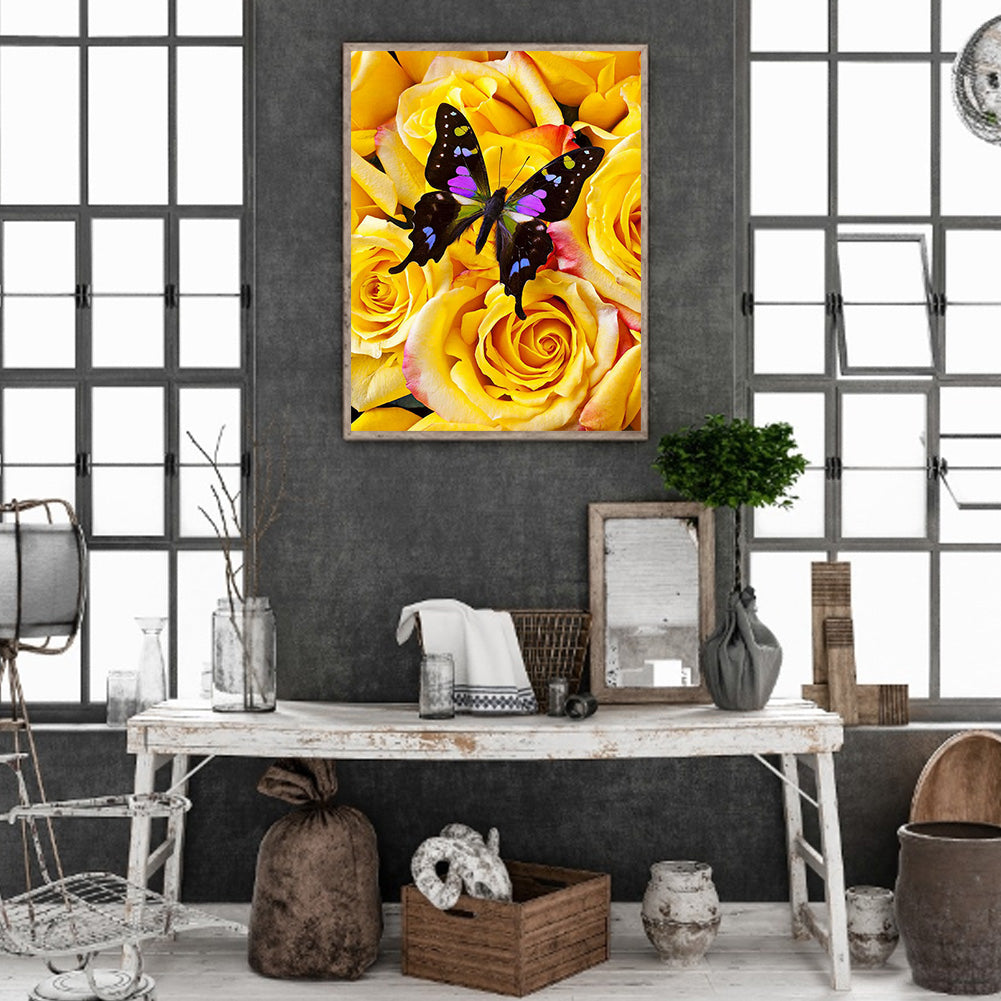 Yellow Rose Butterfly - Full Round Drill Diamond Painting 30*40CM