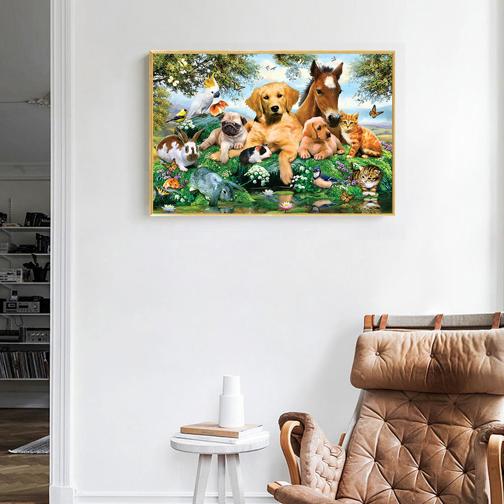 Dog Horse Bird Animal Family - Full Round Drill Diamond Painting 50*40CM