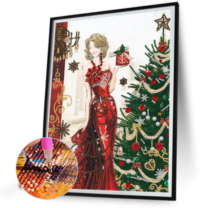 Woman In Christmas Dress - Special Shaped Drill Diamond Painting 30*40CM