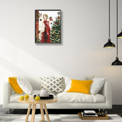 Woman In Christmas Dress - Special Shaped Drill Diamond Painting 30*40CM