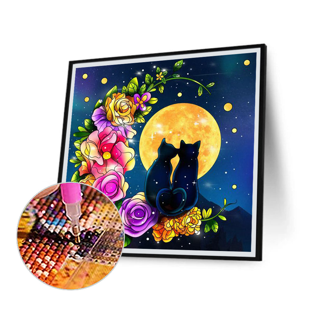 Black Cat Under The Moon - Full Round Drill Diamond Painting 30*30CM