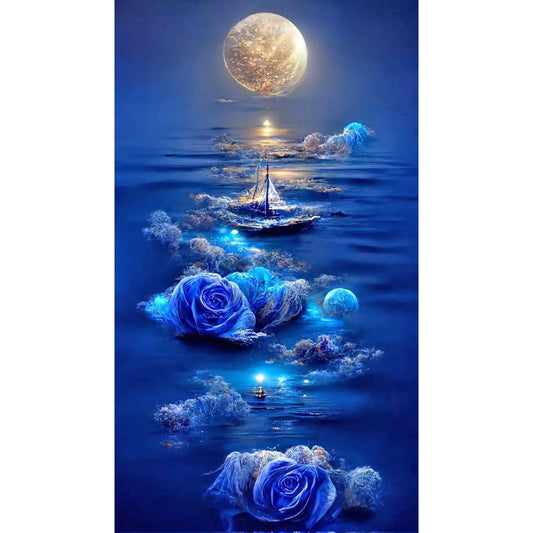 Blue Rose Sailing Boat Under The Moon - Full Round Drill Diamond Painting 40*70CM