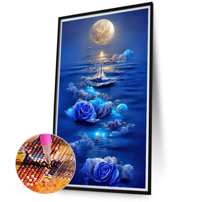 Blue Rose Sailing Boat Under The Moon - Full Round Drill Diamond Painting 40*70CM