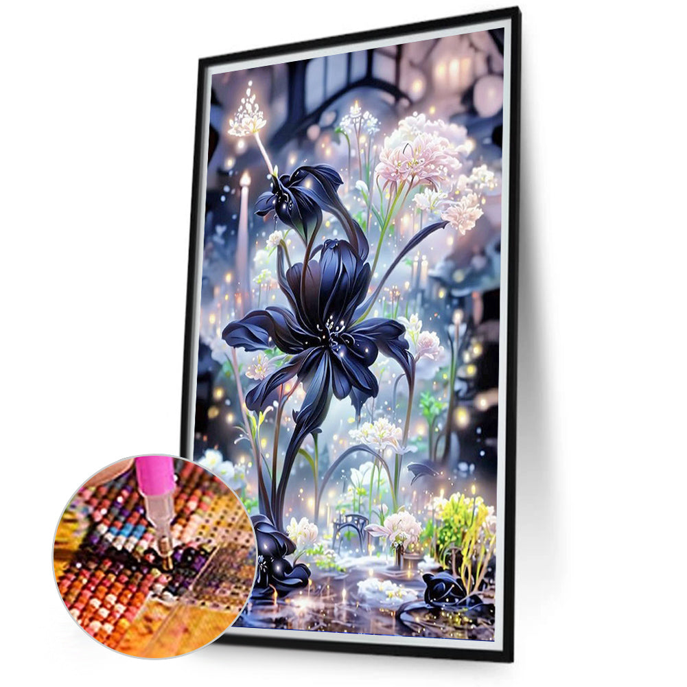 Black Flowers - Full Round Drill Diamond Painting 40*70CM