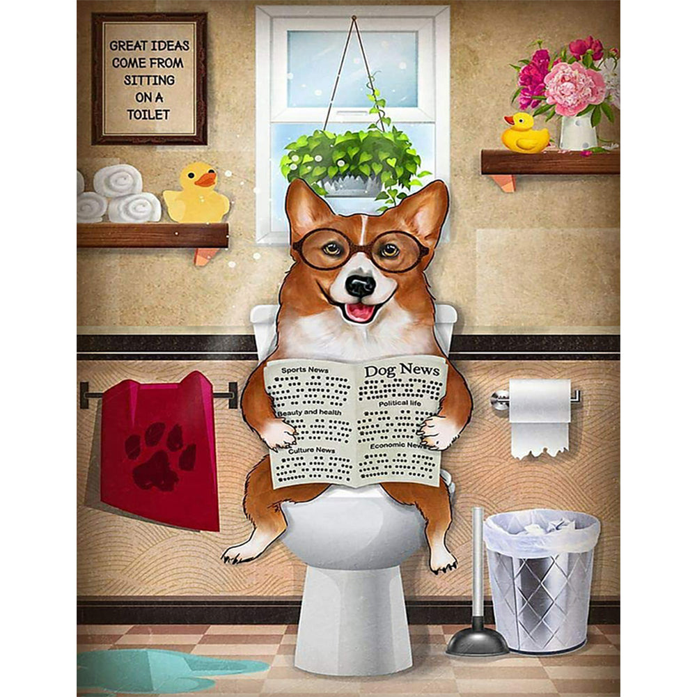 Dog On Toilet - Full Round Drill Diamond Painting 30*40CM