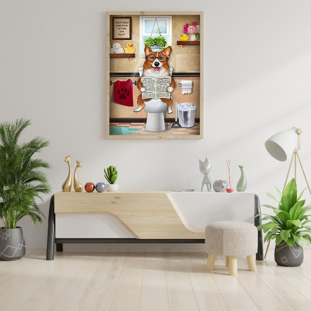 Dog On Toilet - Full Round Drill Diamond Painting 30*40CM