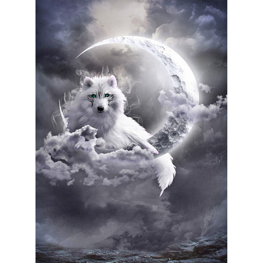 White Wolf On The Moon - Full Round Drill Diamond Painting 30*40CM