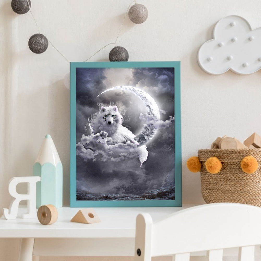 White Wolf On The Moon - Full Round Drill Diamond Painting 30*40CM