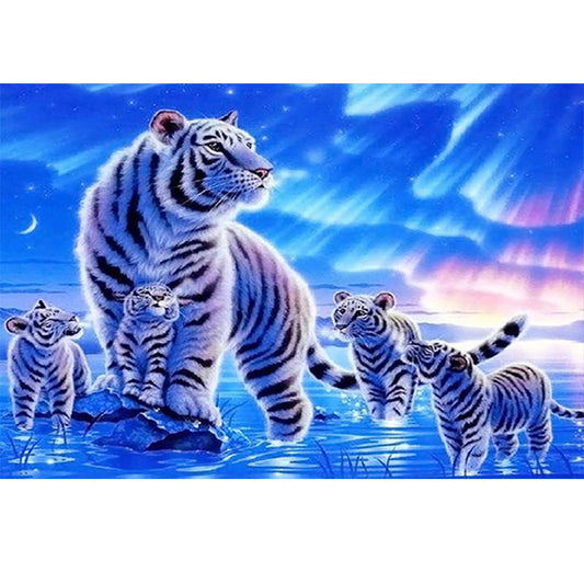 White Tiger Under The Aurora - Full Round Drill Diamond Painting 50*40CM