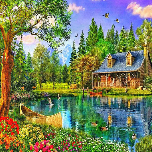 Lakeside Wooden House Scenery - Full Round Drill Diamond Painting 30*30CM