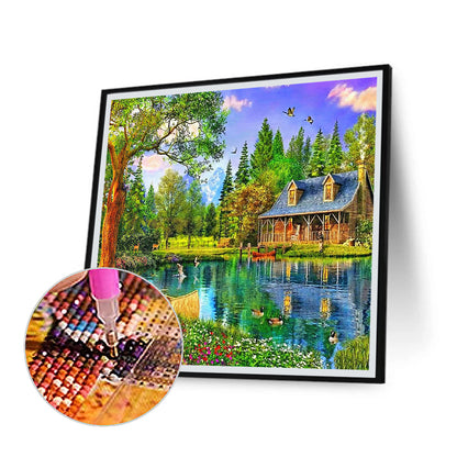 Lakeside Wooden House Scenery - Full Round Drill Diamond Painting 30*30CM