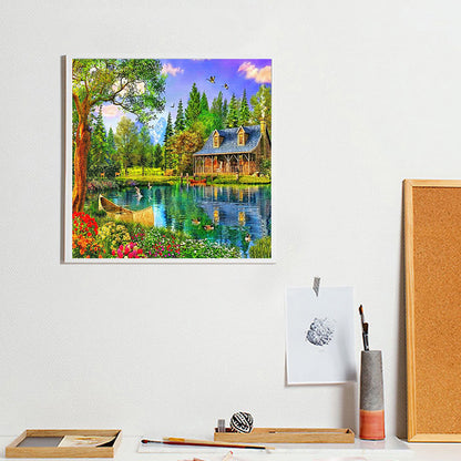 Lakeside Wooden House Scenery - Full Round Drill Diamond Painting 30*30CM