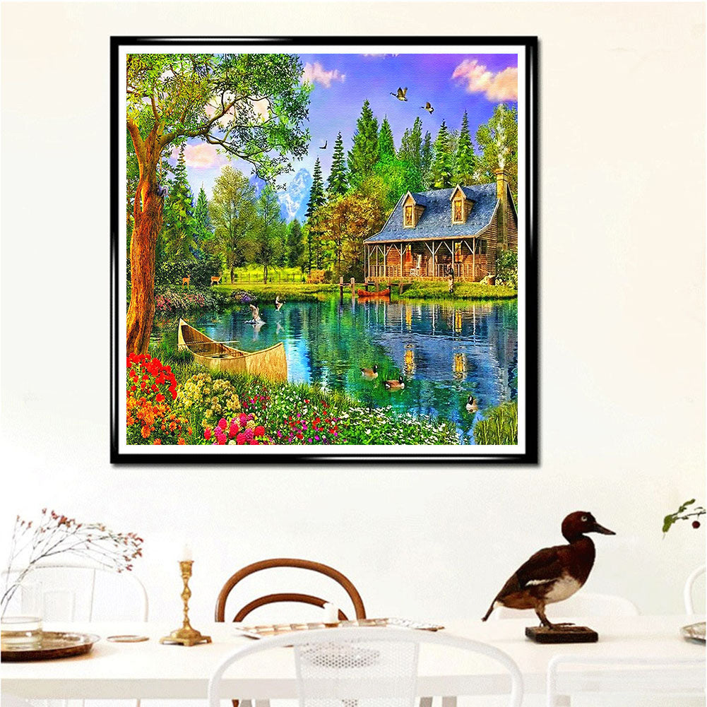 Lakeside Wooden House Scenery - Full Round Drill Diamond Painting 30*30CM