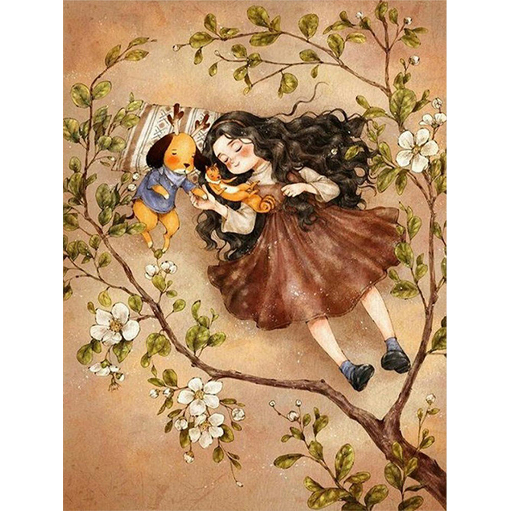 Curly-Haired Girl Lying On The Lawn - Full Square Drill Diamond Painting 30*40CM