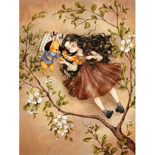 Curly-Haired Girl Lying On The Lawn - Full Square Drill Diamond Painting 30*40CM