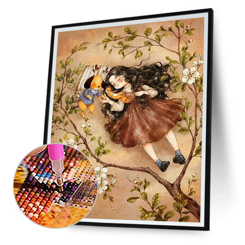 Curly-Haired Girl Lying On The Lawn - Full Square Drill Diamond Painting 30*40CM