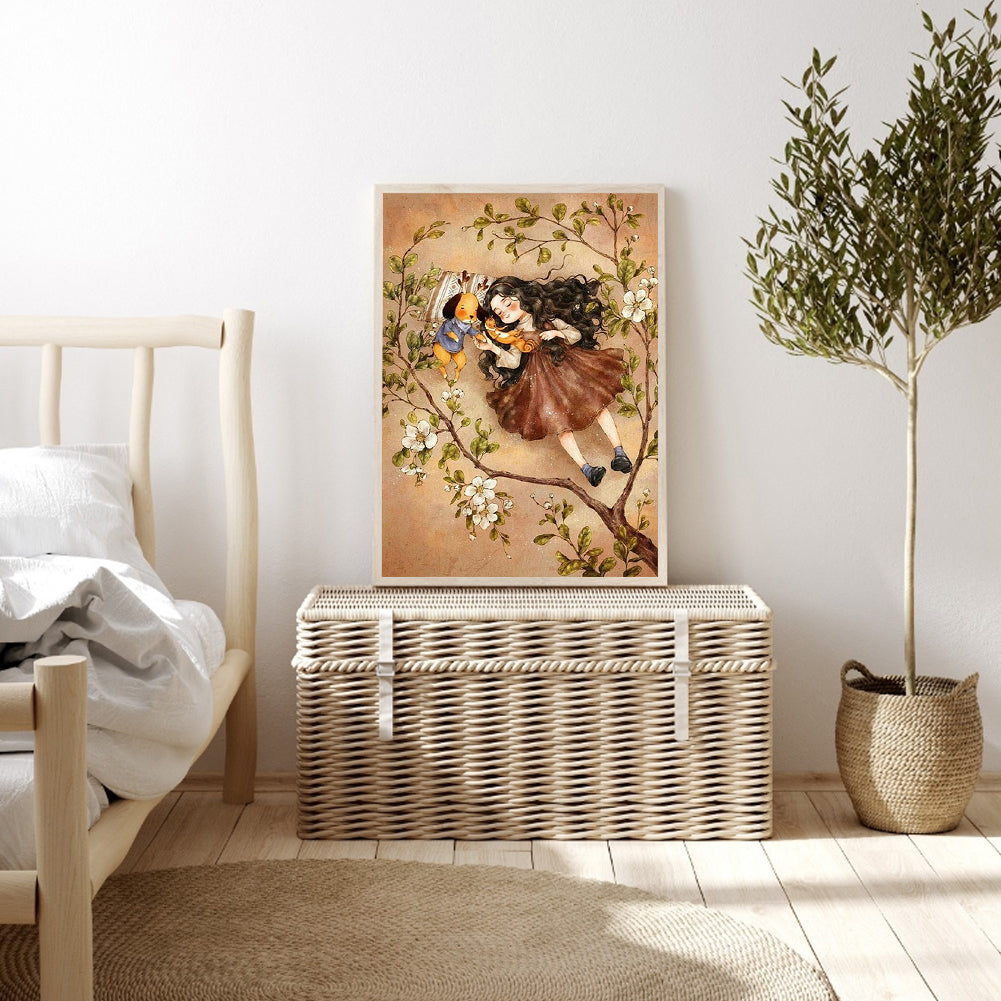 Curly-Haired Girl Lying On The Lawn - Full Square Drill Diamond Painting 30*40CM