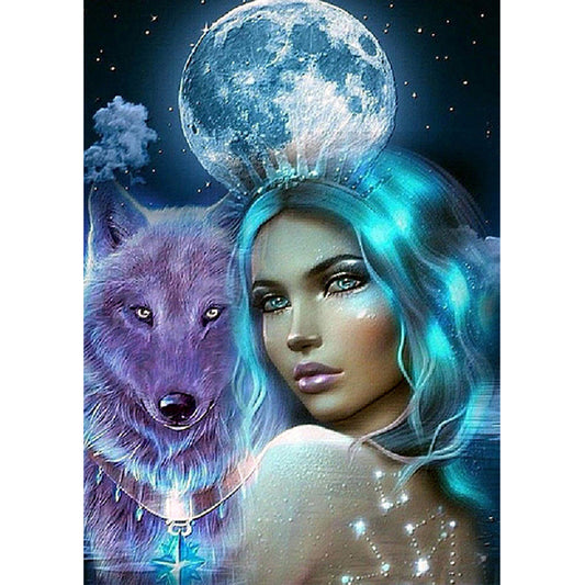 Moonlight Wolf Girl - Full Round Drill Diamond Painting 30*40CM
