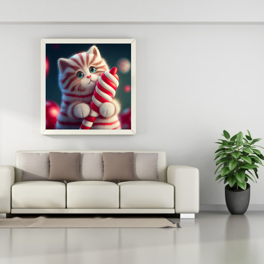 Red And White Striped Cute Kitten - Full Round Drill Diamond Painting 30*30CM