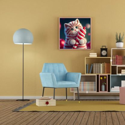 Red And White Striped Cute Kitten - Full Round Drill Diamond Painting 30*30CM