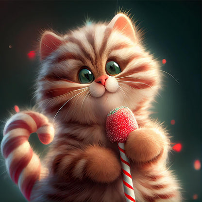 Red And White Striped Cute Kitten - Full Round Drill Diamond Painting 30*30CM