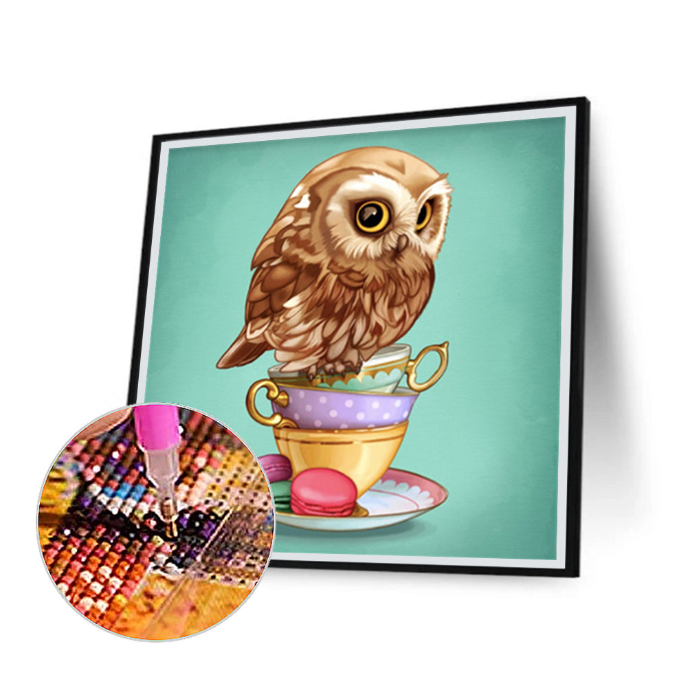 Owl On Cup - Full Round Drill Diamond Painting 30*30CM