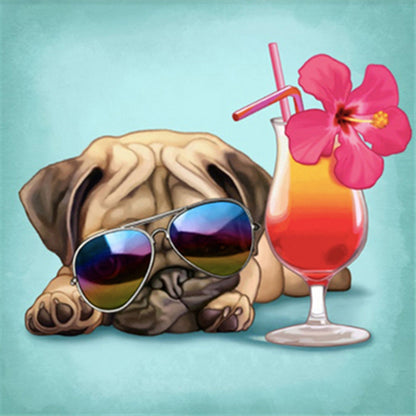 Pug Dog Drinking Cold Drink - Full Round Drill Diamond Painting 30*30CM
