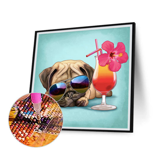 Pug Dog Drinking Cold Drink - Full Round Drill Diamond Painting 30*30CM