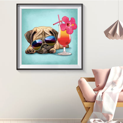 Pug Dog Drinking Cold Drink - Full Round Drill Diamond Painting 30*30CM