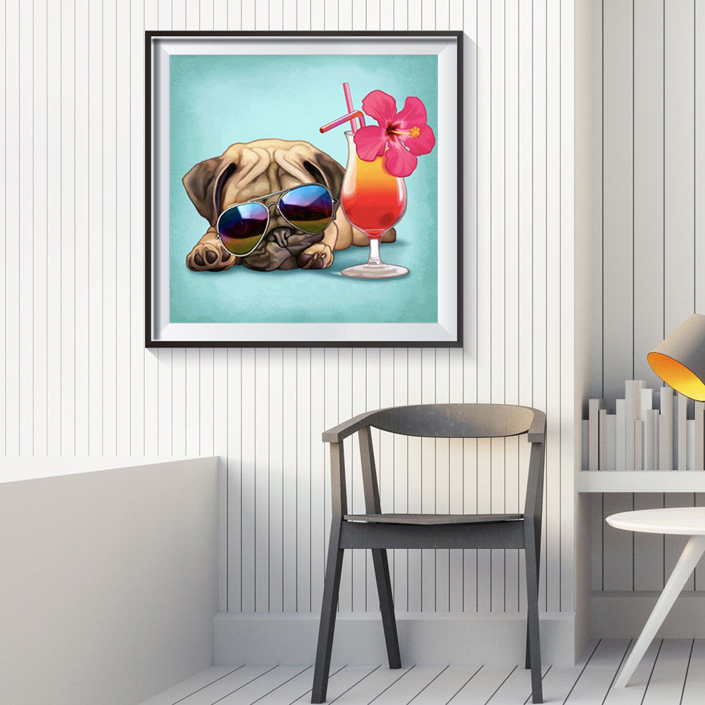 Pug Dog Drinking Cold Drink - Full Round Drill Diamond Painting 30*30CM