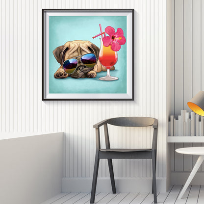 Pug Dog Drinking Cold Drink - Full Round Drill Diamond Painting 30*30CM