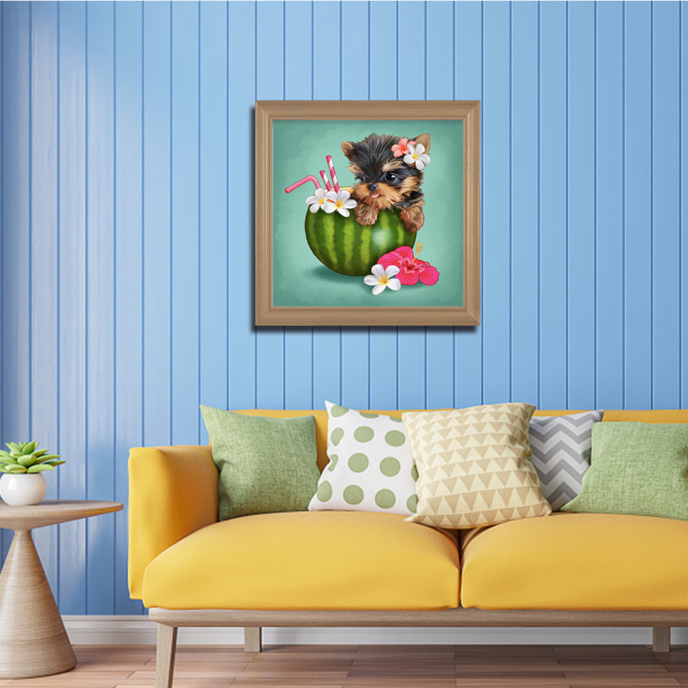 Yorkshire Terrier Dog Eating Watermelon Drink - Full Round Drill Diamond Painting 30*30CM