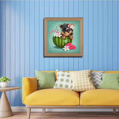 Yorkshire Terrier Dog Eating Watermelon Drink - Full Round Drill Diamond Painting 30*30CM