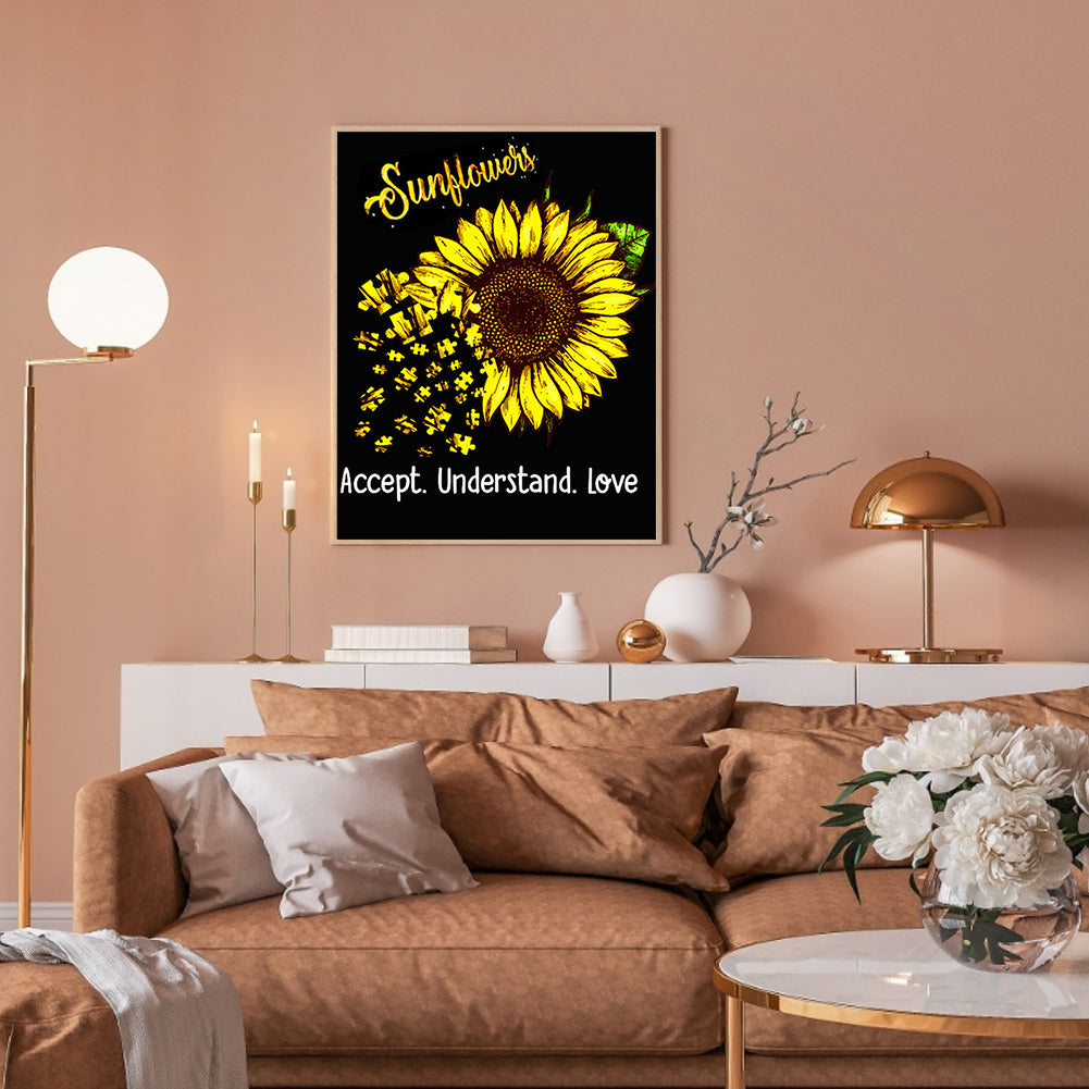 Sunflower English Calligraphy And Painting - Full Round Drill Diamond Painting 30*40CM