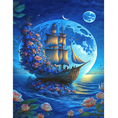 Beach Scenery Rose Sailboat - Full Round Drill Diamond Painting 30*40CM