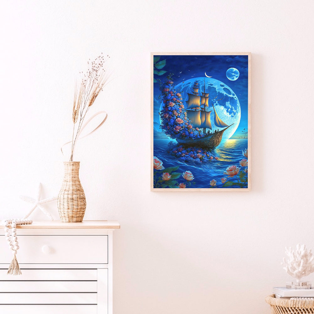 Beach Scenery Rose Sailboat - Full Round Drill Diamond Painting 30*40CM