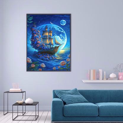 Beach Scenery Rose Sailboat - Full Round Drill Diamond Painting 30*40CM