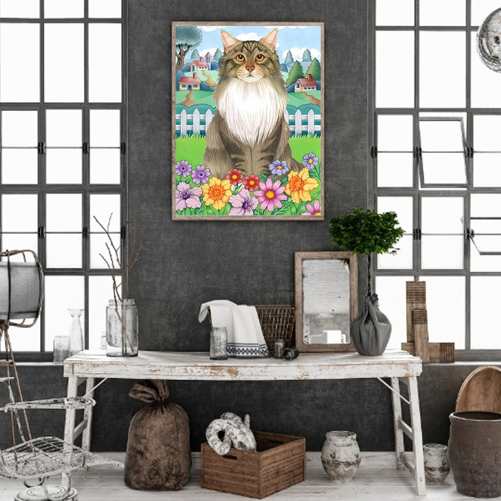 Cat In The Flowers - Full Round Drill Diamond Painting 30*40CM