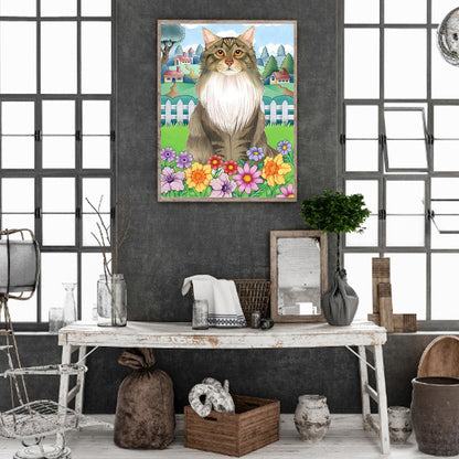 Cat In The Flowers - Full Round Drill Diamond Painting 30*40CM