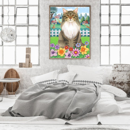Cat In The Flowers - Full Round Drill Diamond Painting 30*40CM