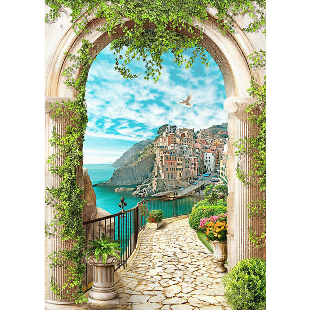 European Arch Seaside Scenery - Full Round Drill Diamond Painting 30*40CM