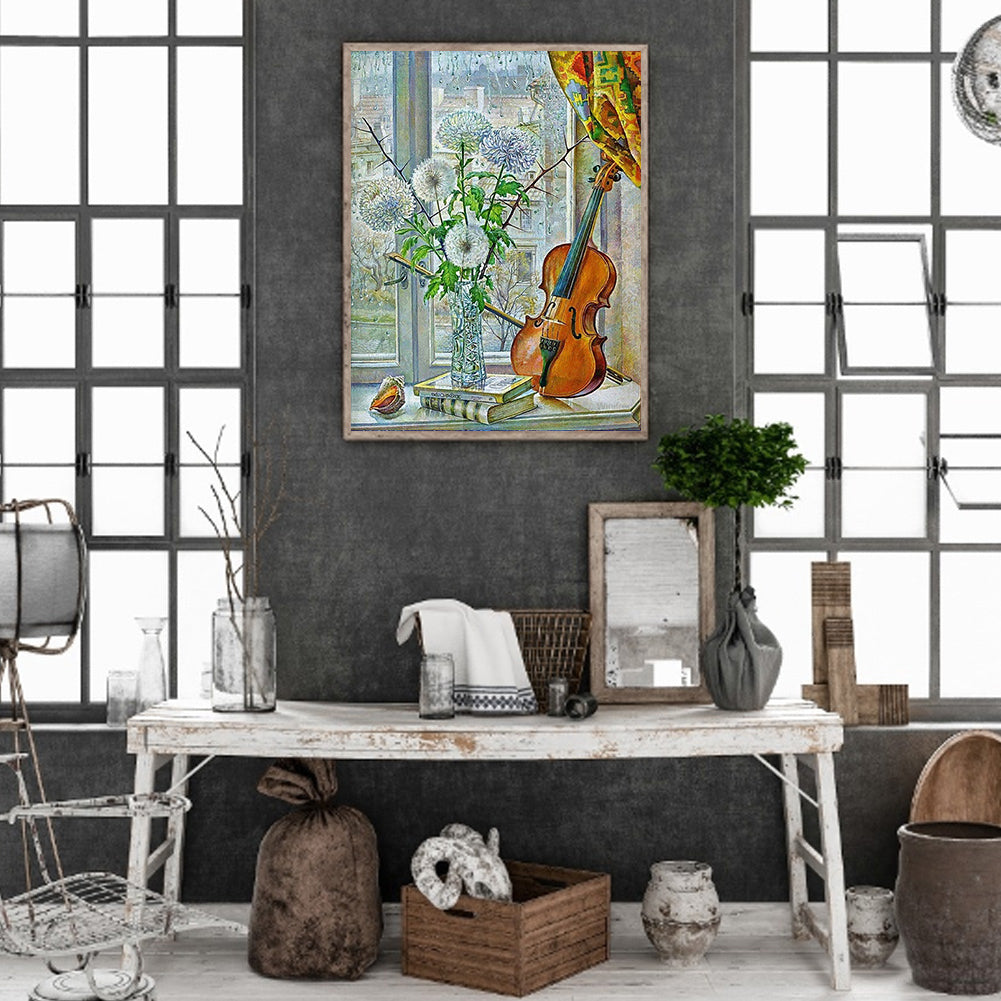 Violin On Windowsill - Full Round Drill Diamond Painting 30*40CM