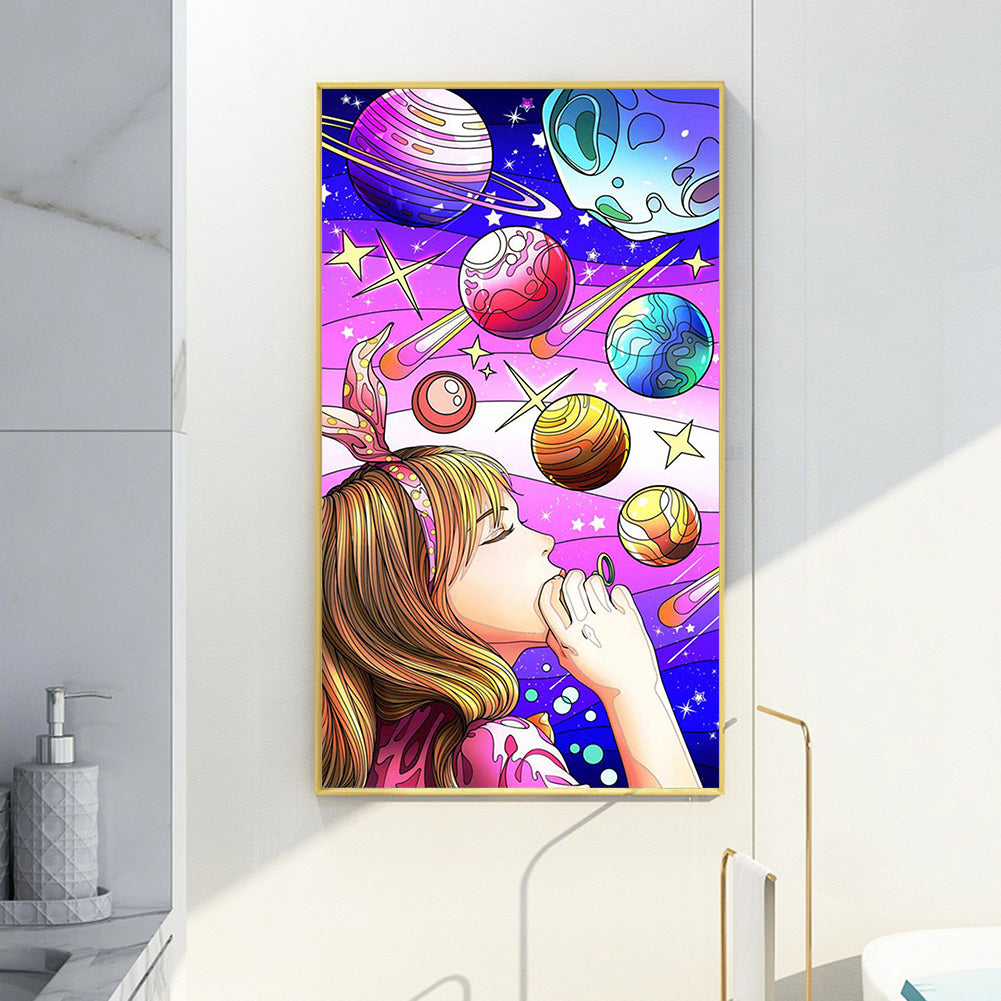 Illustration Blowing Bubbles Girl - Full Round Drill Diamond Painting 30*70CM