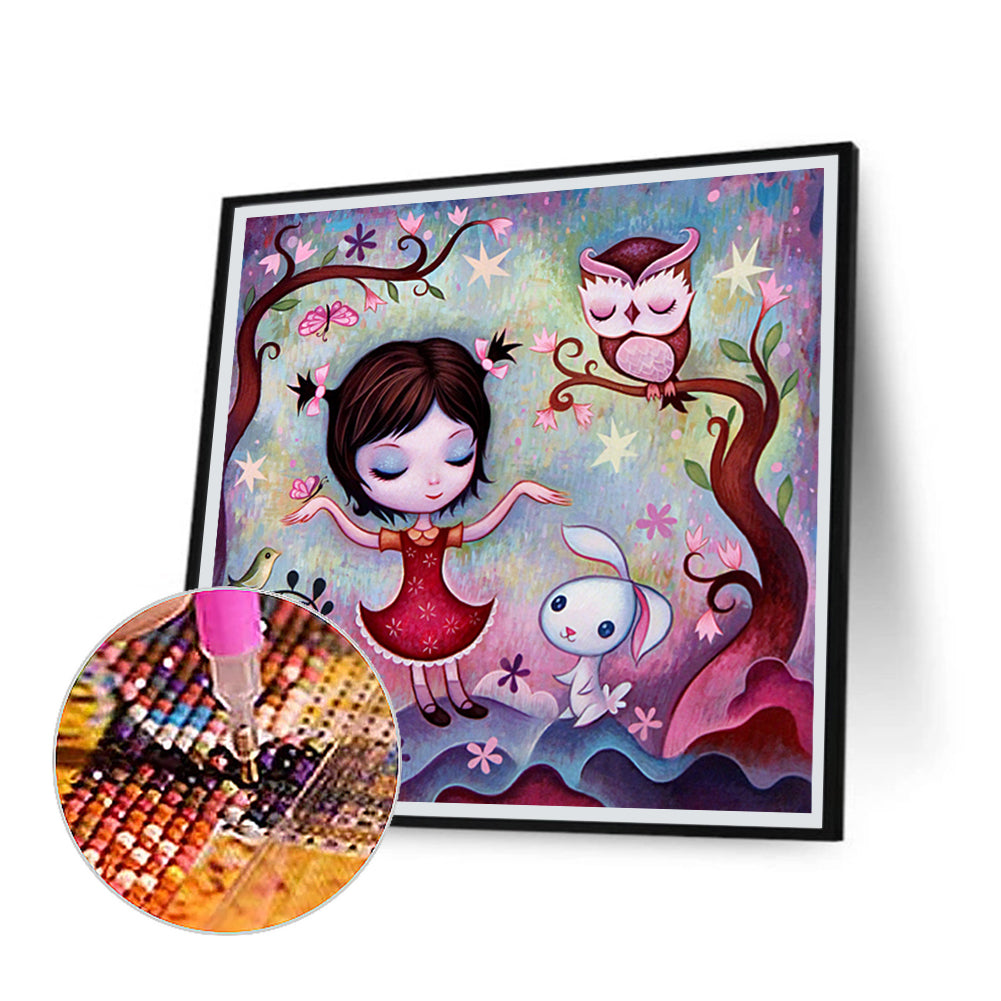 Cat Owl Girl - Full Round Drill Diamond Painting 30*30CM