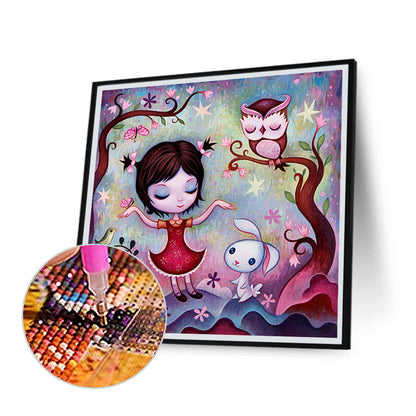 Cat Owl Girl - Full Round Drill Diamond Painting 30*30CM