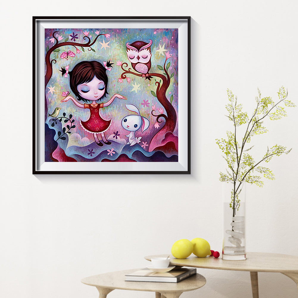 Cat Owl Girl - Full Round Drill Diamond Painting 30*30CM